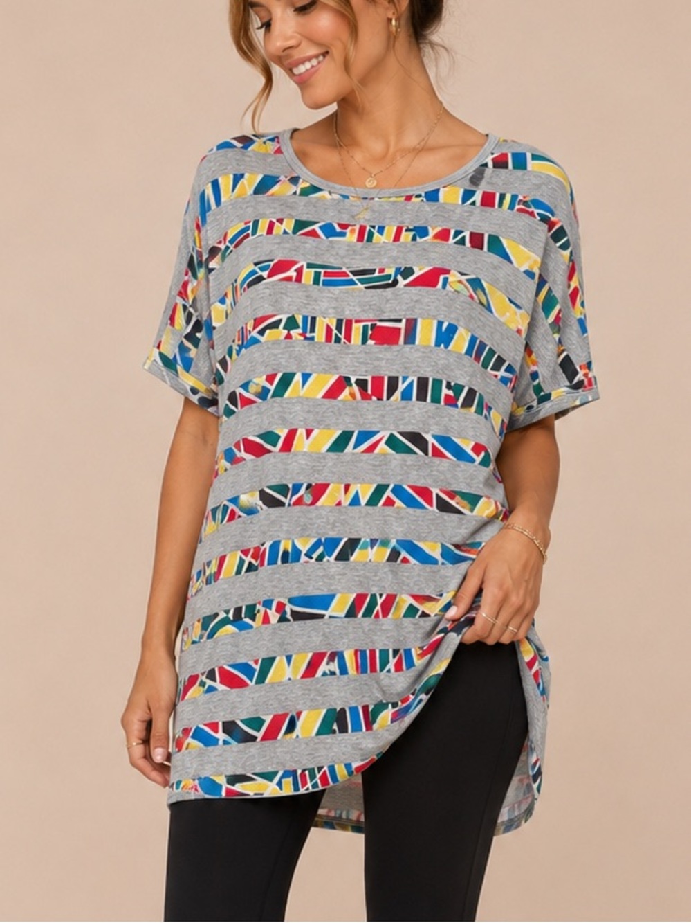 LuLaRoe Gray Tee with Red, Blue, Yellow & Green Geometric Stripes
